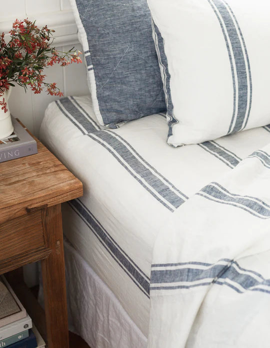 Salt Living Linen  Queen Sheet Set -Indigo Ticking