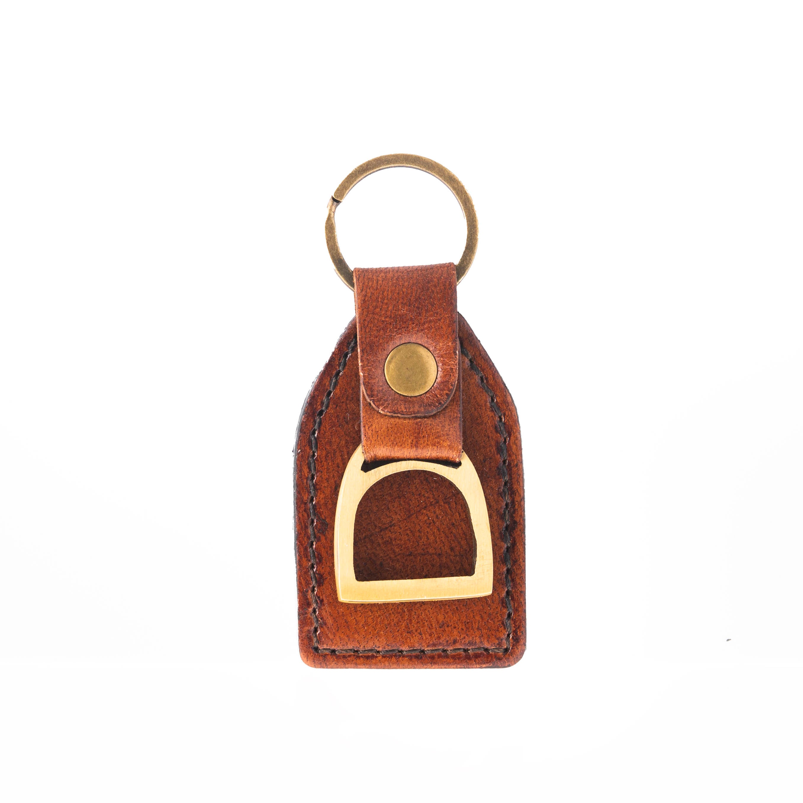 light tan  leather keychain with gold accent on a white background