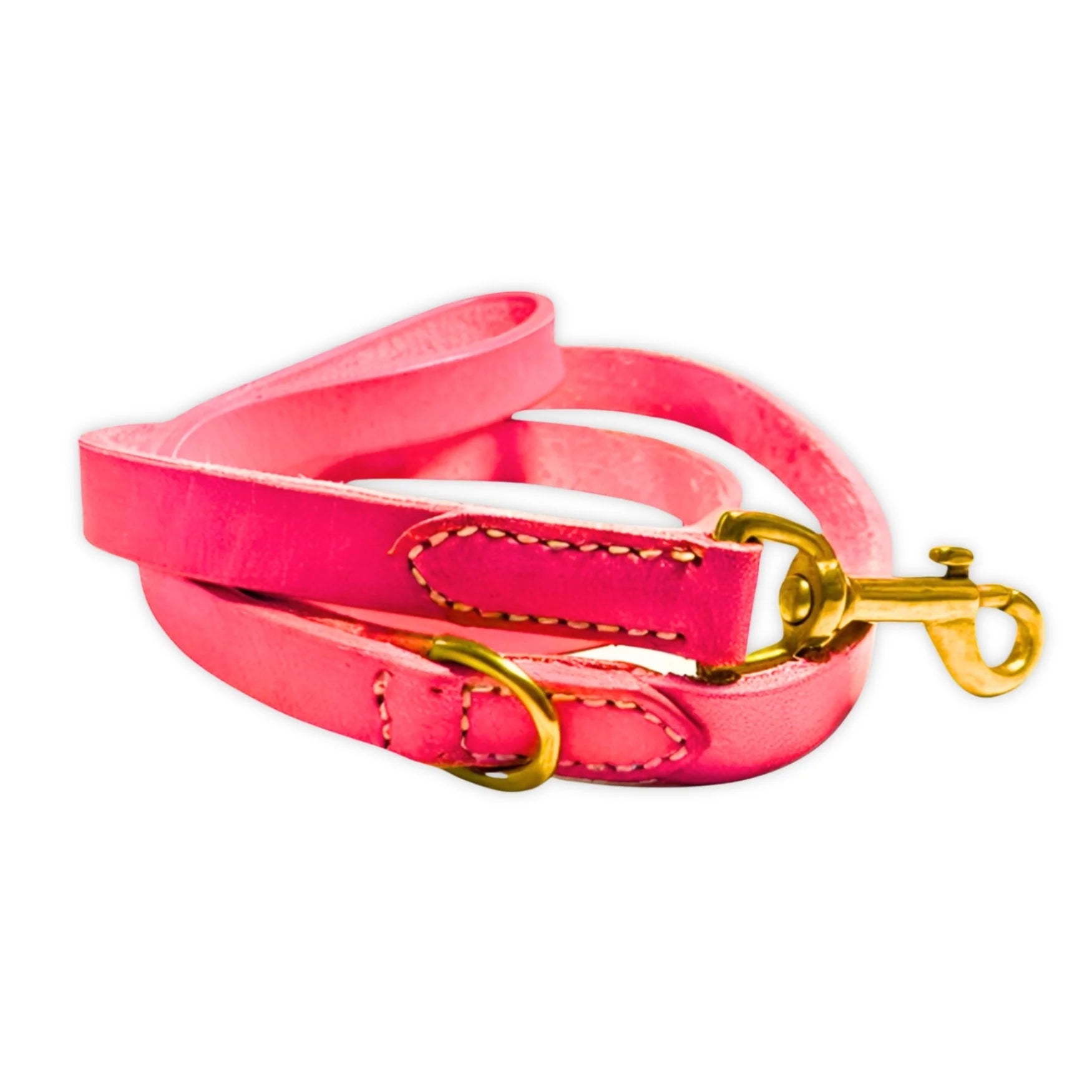 Pink leather dog leash with gold hardware