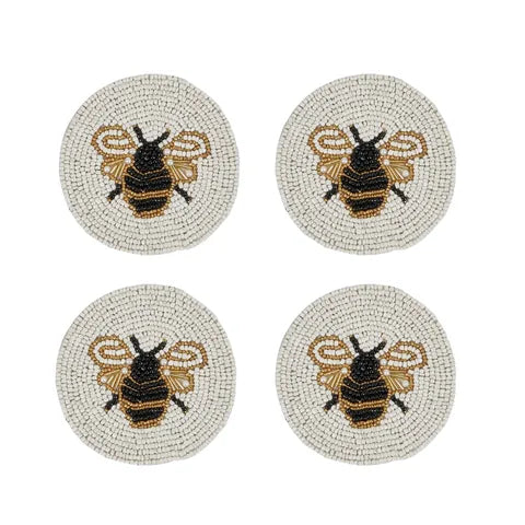 Bee Beaded Coaster 10cm Wht/Gold/Blk 4