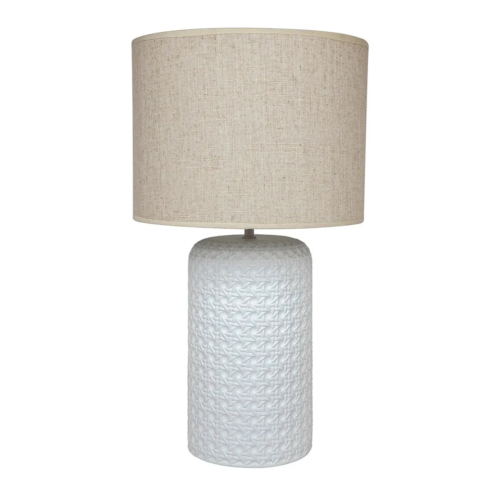 White rattan ceramic base and natural shade lamp