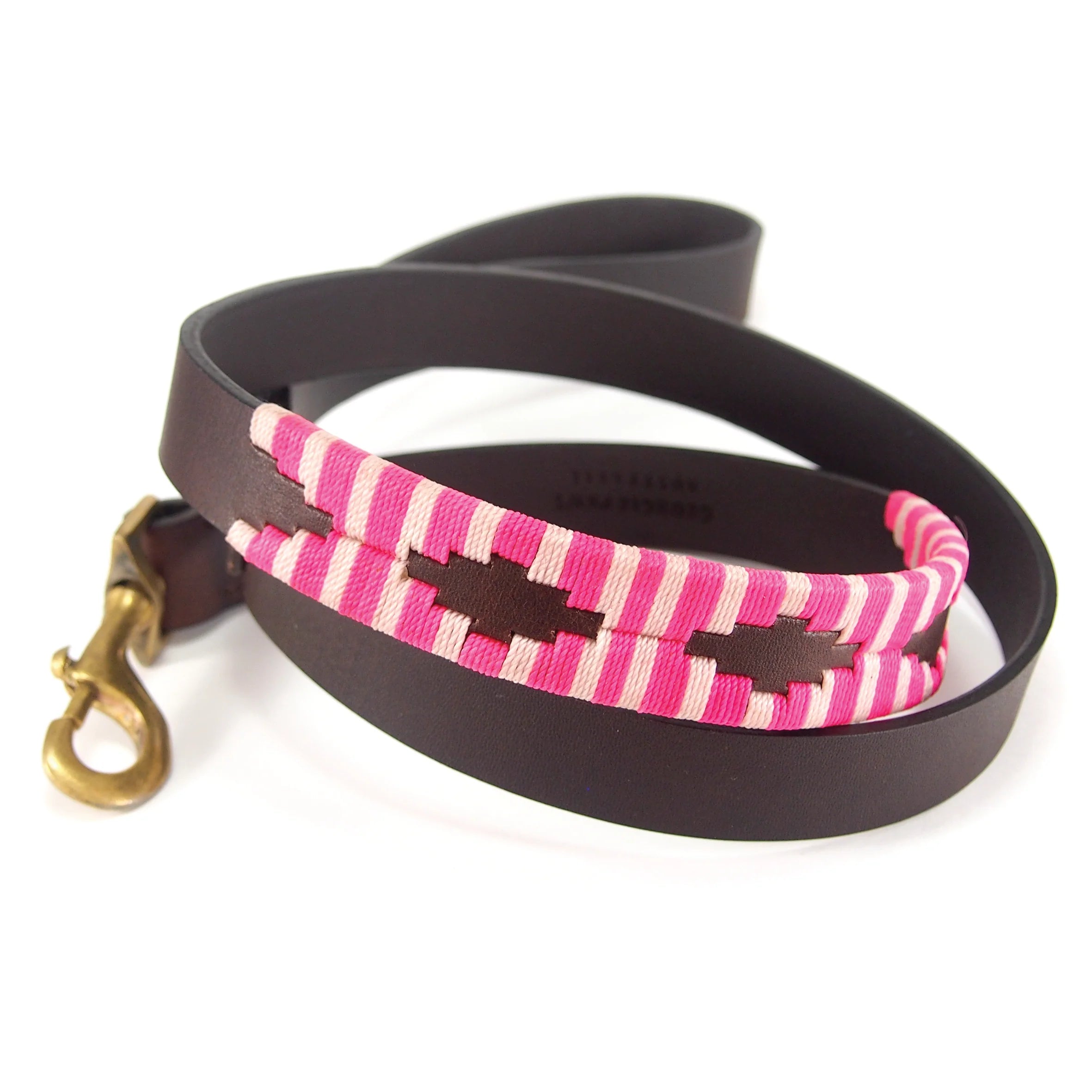 Leather dog leash with pink and brown pattern
